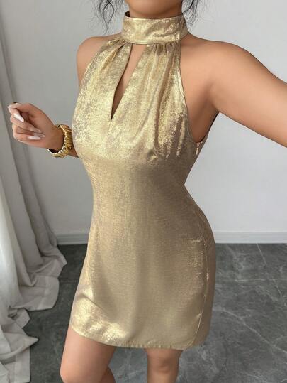 Rafferiza Đầm ngắn dự tiệc/hẹn hò thời trang mới dành cho nữ với họa tiết kim loại.