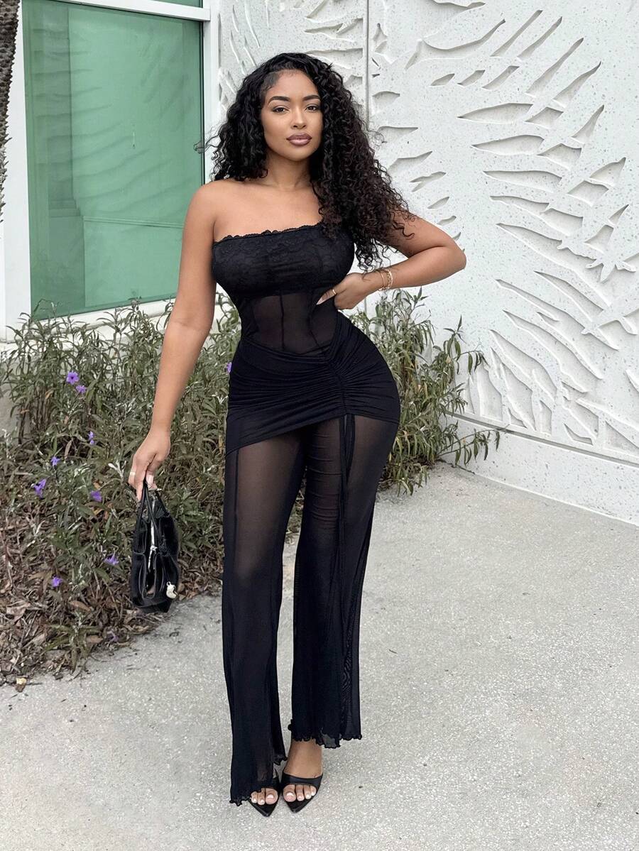 Alexandranx 女士纯色网眼褶皱露肩连体裤 - 黑色 - 查看 1