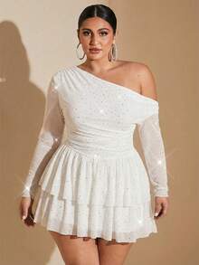 SHEIN BAE Plus Size White Summer Elegant Girlism Night Out Club Party Dresses,Shiny Sequin Rhinestone Asymmetrical Oblique Shoulder Mesh Cascading Ruffle Dress - White - View 1
