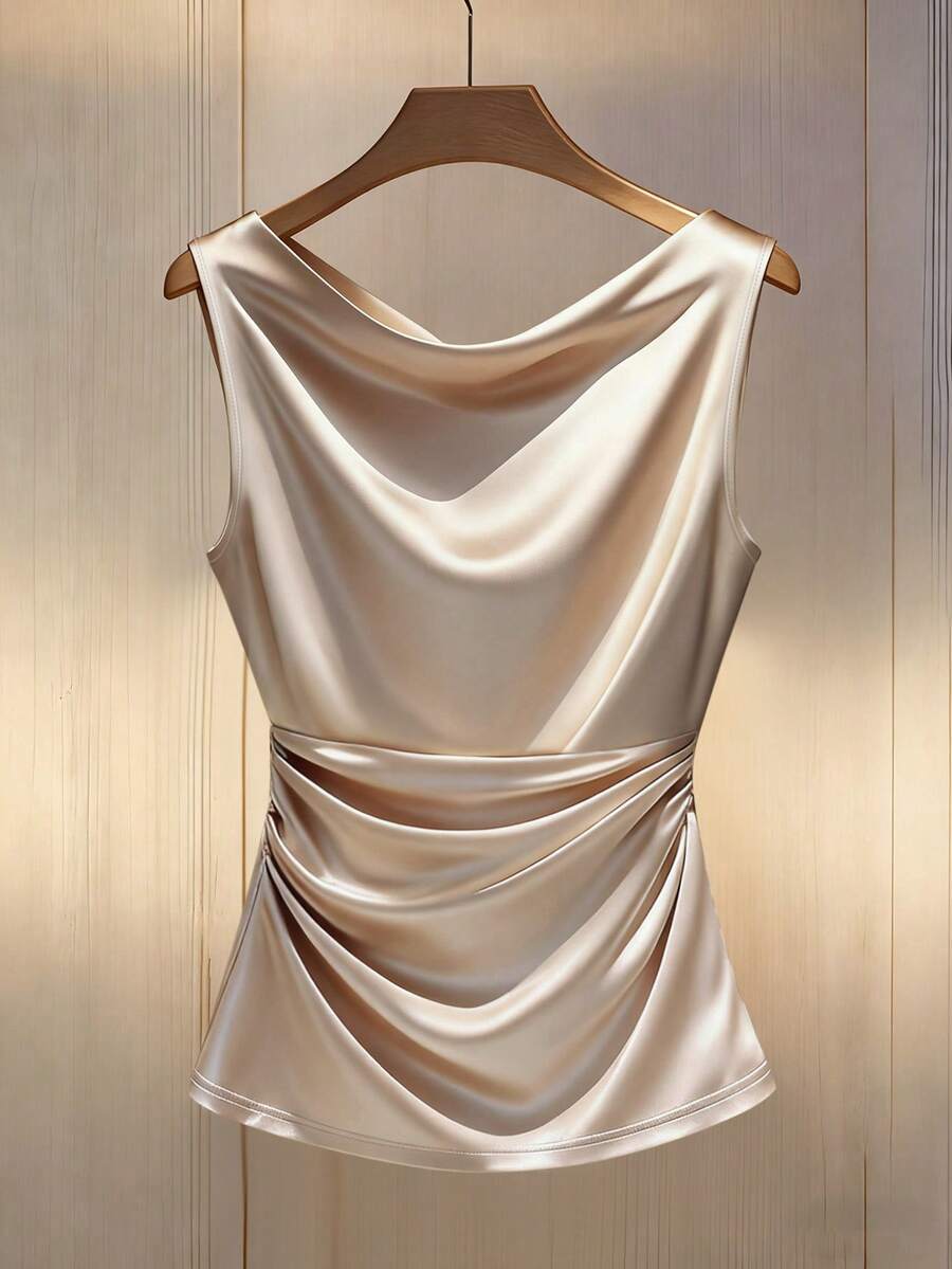 Franclia Canotta in raso aderente elegante con scollo drappeggiato e pieghe, senza maniche, top drappeggiato da donna, top elegante da abito in raso - Albicocca - Visualizzare 1