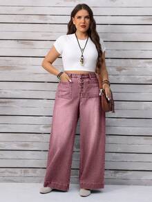 EMERY ROSE Plus Size Women Casual Vacation Daily Commute Fashion Street Button Fly Washed Loose Wide Leg Jeans - Dusty Pink - View 6
