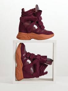 Solezae Fashionable Women's Maranto Balskee Burgundy Faux Suede High Top Hook And Loop Strap Quilted Padded Collar Hidden Wedge Sporty Chic Sneaker Shoe Valentine's Day - Burgundy - View 7