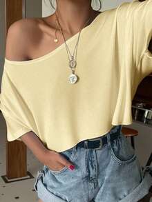 SHEIN EZwear 芥末黄针织宽松露肩超大款女式T恤 - 鵝黃色 - 查看 3