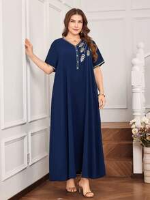 Al Najma Gaun Maxi Turki Wanita Ukuran Besar Lengan Pendek Bordir Warna Polos, Kaftan Tradisional Arab - Navy Blue - View 3