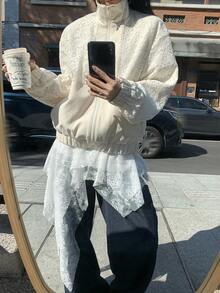 Livesso Lace Patchwork Casual High Collar Women Regular Jacket - Beige - View 7