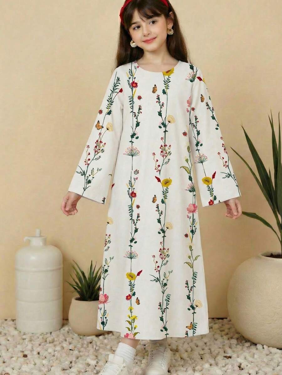 Tween Girls Casual Minimalist Ditsy Floral Dress, Suitable For Autumn/Winter - Multicolor - View 1