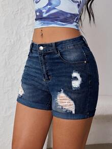 SHEIN ICON Women's Summer Fashion Distressed Washed Slant Pocket Skinny Denim Shorts - Dark Wash - View 7