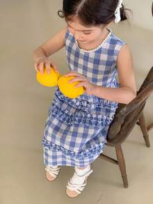 DAZY Young Girl Plaid Round Neck Layered Frill Trim Casual Sleeveless Dress - Blue - View 5