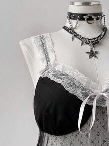 Sunspun 新款优雅甜美蝴蝶结薄纱雪花蕾丝边饰蝴蝶结荷叶边短款吊带背心，春夏秋季 - 黑與白 - 查看 4