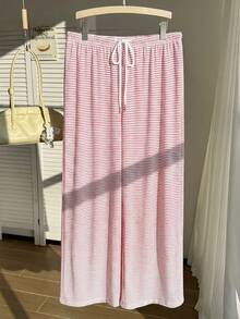 Comfortcana 加大码黑白条纹休闲抽绳裤，秋冬款 - 紅色 - 查看 8