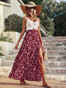 Breezaya Petite Chân váy nữ họa tiết hoa nhí xẻ cao, gợi cảm và thanh lịch. - Đỏ - Xem 5