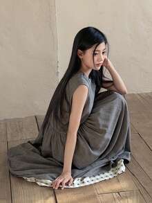 Dazy Kids 少女荷叶边圆领格子拼接宽松休闲连衣裙 - 灰色 - 查看 1