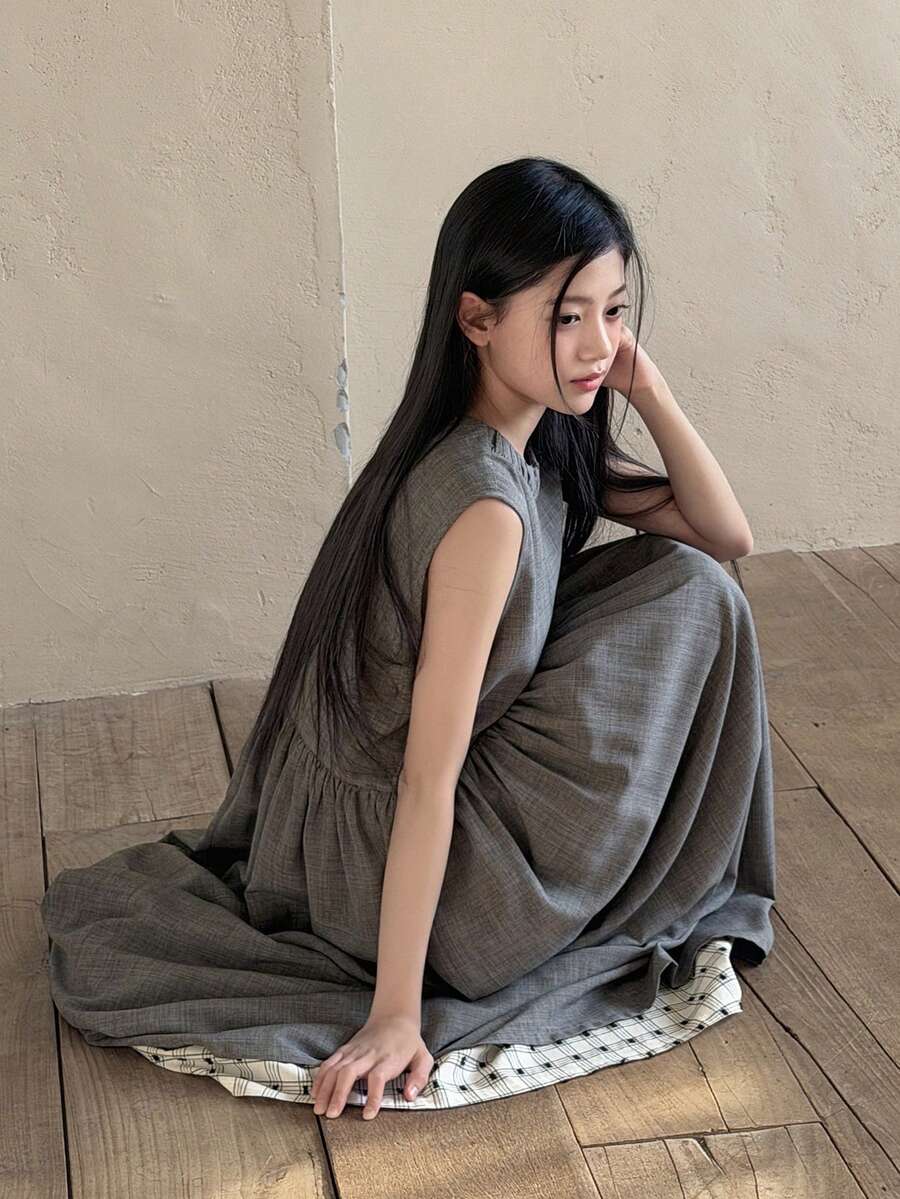 Dazy Kids 少女荷叶边圆领格子拼接宽松休闲连衣裙 - 灰色 - 查看 1