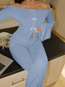EasyFave Women's Tight-Fitting Bowknot Off Shoulder Bell Sleeve Top & Pants Pajama Set, Fall Winter Clothes - Blue - View 7