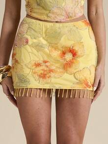 SHEIN BAE 黄色亮片串珠花卉低腰迷你裙，沙滩度假裙，性感夏季优雅可爱裙，早午餐裙，闪亮夏季裙，音乐节派对裙 - 黃色 - 查看 7