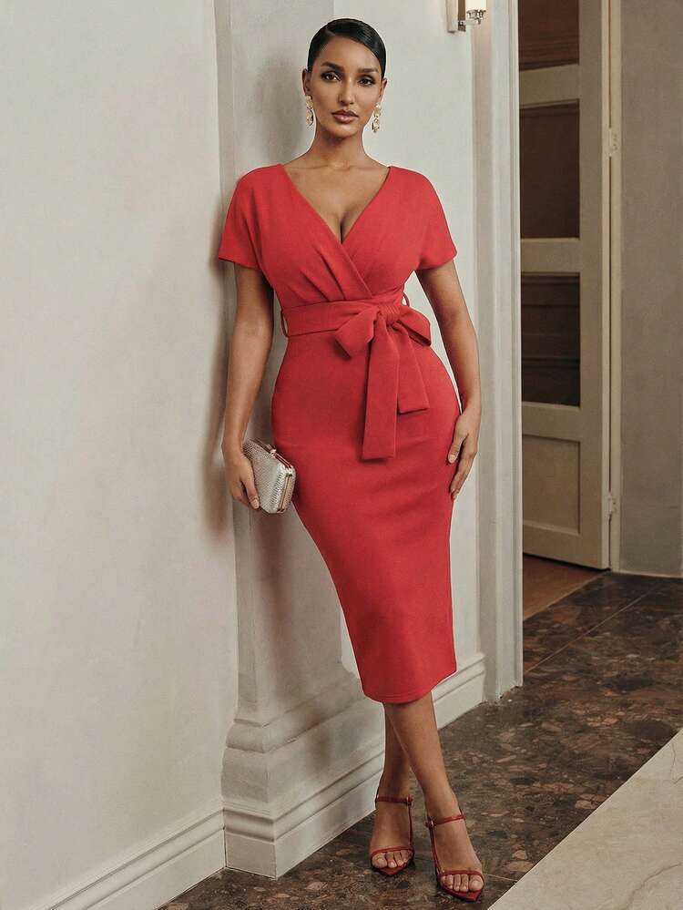 Women's Elegant V-Neck Batwing Sleeve Tie-Waist Bodycon Mini Dress, Suitable For Dates, Galas, Parties And More Occasions, Spring/Summer