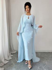 Elenzga Elegant Light Blue Capelet Dress, Dress For Women, Spring/Summer - Baby Blue - View 4