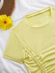 Flirla Women's Solid Color Round Neck Short Sleeve Drawstring Ruched T-Shirt,Cute Yellow Summer Tops For Vacation,Holiday Casual Versatile Ruched Top - Pale Yellow - View 5