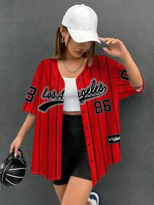 SHEIN EZwear 女士休闲简约比赛日棒球服宽松纽扣短袖衬衫，适合夏季 - 紅色 - 查看 6