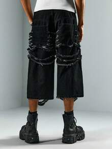 ROMWE MEN Street Life Men's Distressed Black Washed Denim Shorts - Black - View 3