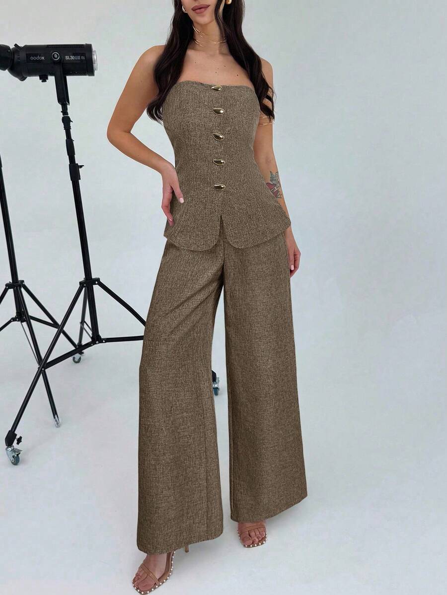 Firerie 女士优雅简约金属纽扣吊带背心和高腰阔腿卡其裤两件套，适合通勤、休闲、度假穿着。 - 摩卡棕 - 查看 1