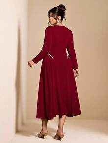 Cravure 大码女式优雅亮片串珠荷叶边泡泡袖V领纯色中长连衣裙，适合夜店/商务休闲/派对/春季穿着，优雅正式女装，晚礼服，性感红色连衣裙，浪漫连衣裙 - 酒紅色 - 查看 2