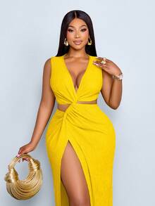 SOLERSUN 大码女装春夏纯色纹理面料腰部镂空扭结高开衩性感长裙，海滩度假 - 黃色 - 查看 1