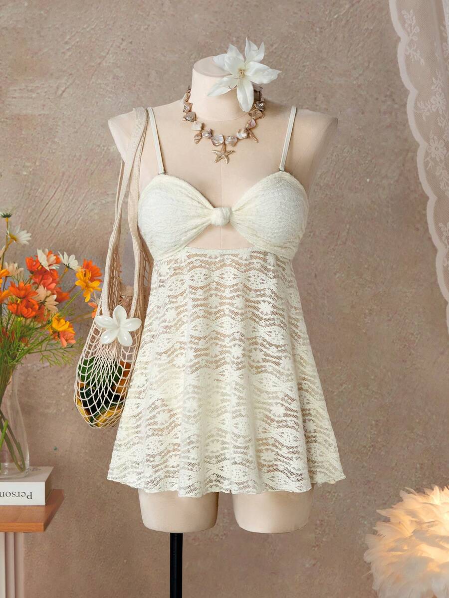 Bellisia Traje de baño de mujer con falda, de tela especial floral beige, para vacaciones y playa, primavera/verano 2022 - Beis - Ver 1