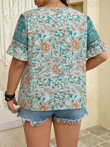 SHEIN LUNE Plus Size Floral Print Short Sleeve Casual Shirt - Green - View 2