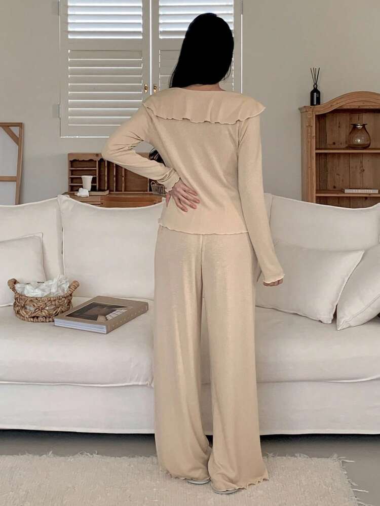 Knitted Sailor Collar Ruffle Trim Women Pajama Set