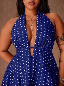 Rustia Đầm mini dáng chữ A gợi cảm, cổ yếm, chấm bi thời trang dành cho nữ cỡ lớn - Màu xanh lam - Xem 4