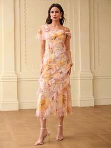 ZEYLAH Floral Print Asymmetric Ruffle Hem Dress - Yellow - View 5
