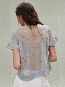 SoleilVie 女士碎花波西米亚复古衬衫，休闲宽松短袖上衣，浪漫休闲女式上衣，夏季度假必备上衣 - 綠色 - 查看 3