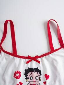Betty Boop x SHEIN 加大码舒适卡通肖像图案吊带背心和内裤套装，夏季 - 紅白色 - 查看 6
