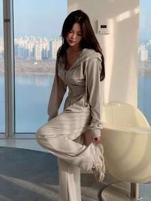 DAZY Ladies' Casual Solid Color Two Pieces Set Tracksuits Women Set Hoodie Lounge Sets For Women - Khaki - View 2
