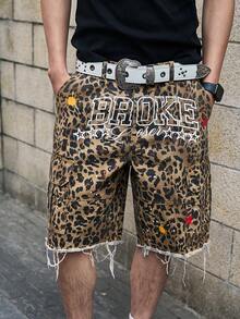 Manfinity Roghcode Men's Leopard Print Pocket Distressed Casual Everyday Wide Leg Denim Shorts - Medium Wash - View 7
