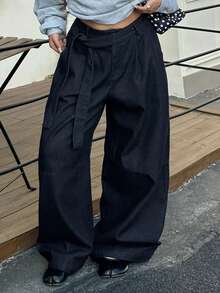 Dazy Plus Fashionable Retro Dark Denim Blue Waistband Tie Design Loose Harem Long Jeans, All Season