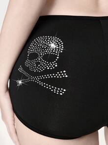 ROMWE 1 chiếc quần lót nữ kiểu hipster đính đá hình đầu lâu phong cách Gothic - màu đen - Xem 2