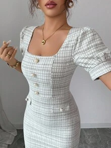 Elenzga Gaun Bodycon Elegan dan Romantis dengan Detail Kerutan di Pinggang, Lengan Mengembang, dan Leher Persegi untuk Wanita - Kopi - View 6