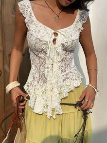 Aloruh Women's Solid Color Apricot Ruffle Collar Asymmetric Tie-Up Sheer Lace Blouse, Spring/Summer - Apricot - View 2