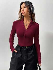 Flirla 1pc Front Zipper Fitted Long Sleeve Bodysuit - Burgundy - View 6