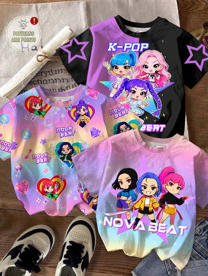 SHEIN 3pcs/Set Young Girl Casual Chic Street Fashion Cartoon Idol Group Pattern T-Shirts, Ombre Tie-Dye Pastel Colors, Black & Purple Combo, Suitable For Holidays, Parties, And Daily Wear, Round Neck Short Sleeve Basic Tees For Spring/Summer