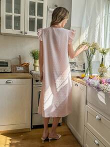 Snug Reverie Textured Jacquard Pom Pom Contrast Color Lace Patchwork V-Neck Ruffle Sleeve Single-Breasted Long Nightgown - Baby Pink - View 2