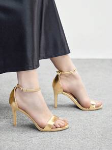 CUCCOO BIZCHIC 女士圆头细高跟金色踝带简约时尚优雅女士高跟凉鞋配裙摆日常百搭通勤凉鞋 - 金色 - 查看 3