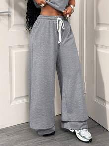 BamGleam Damen einfarbige Jogginghose mit Kordelzug in der Taille, vielseitig für den täglichen Gebrauch, weite Beine - Grau - Übersicht 4