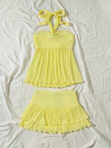 SHEIN Unity 女士舒适休闲扭结露背吊带背心和双层荷叶边修身迷你裙两件套，春夏款 - 黃色 - 查看 2