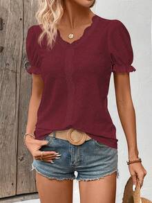 EMERY ROSE Summer Casual Solid Color Textured Lace Trim T-Shirt - Burgundy - View 5