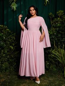 Roveilla Plus Size Women's Elegant Princess Palace Style Dress With Ruffle Sleeves, A-Line, Suitable For Vacation, Wedding, Bridesmaid, Party, Solid Light Pink Color - Pink - View 3