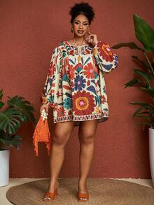 SHEIN CURVE+ 加大码/情人节/大码女式长袖圆领系带热带风情图案衬衫 - 彩色 - 查看 7