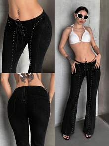 SHEIN Unity Quần jeans ống loe phong cách retro vintage dành cho nữ cỡ lớn, kiểu dáng đường phố sành điệu, màu xanh đậm. - màu đen - Xem 3